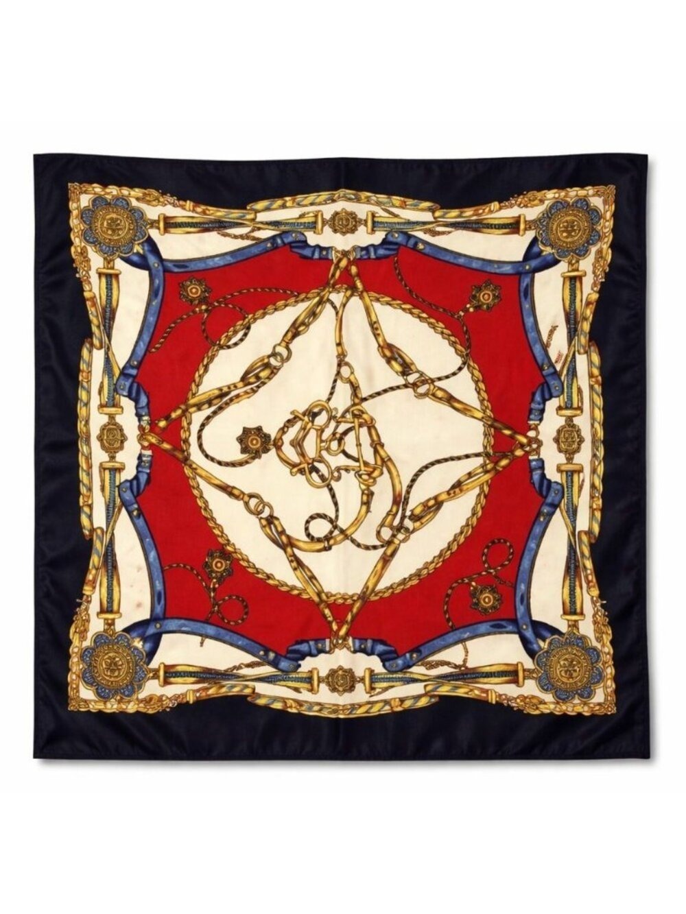 Regency Equestrian Chain Satin Scarf Red Navy Gold Cream 20x20